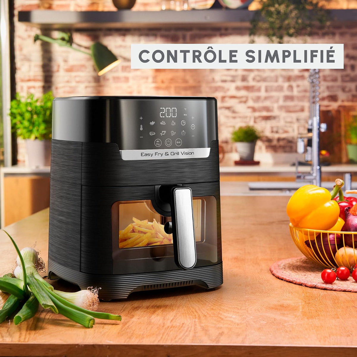 Moulinex Friteuse sans huile + Gril, Fenêtre amovible, Capacité XL 4,6 L, Jusqu'à 6 personnes, Air Fryer, Écran tactile, 8 programmes automatiques, Easy Fry & Grill Vision, EZ506820