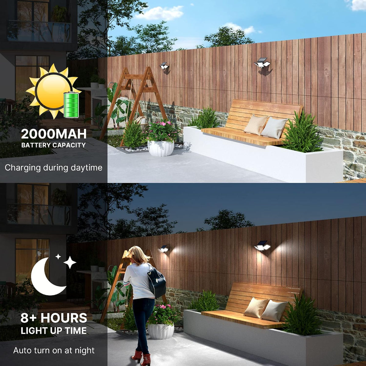 [Lot de 2] Lampes Solaires Extérieur Puissante - 304LED Projecteur Lumière Solaire Extérieure avec Détecteur de Mouvement, 320°éclairage Grand Angle IP65 Solaire éclairage Mural d'extérieur