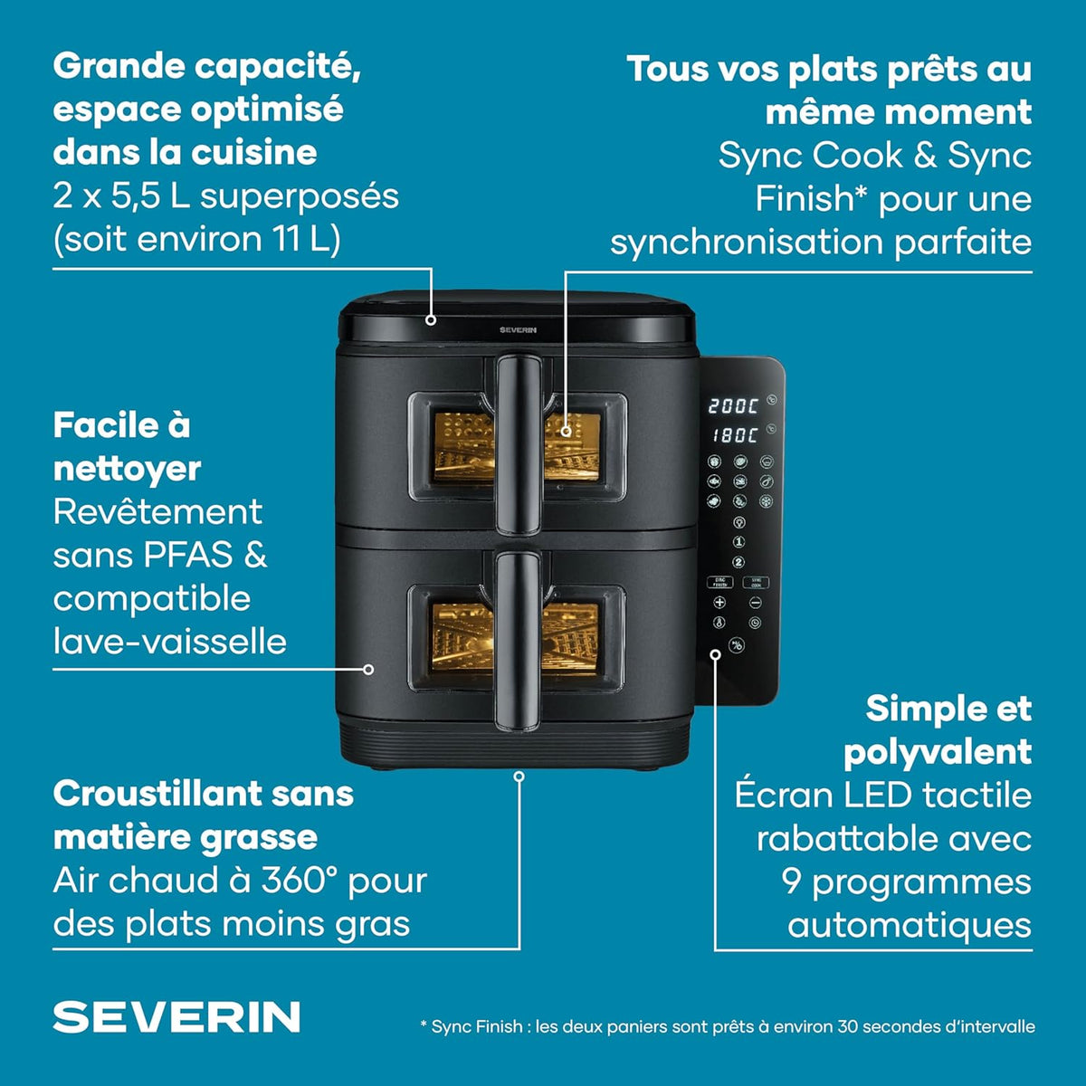 SEVERIN Friteuse à air chaud S-Fry Duo Stack, Air fryer 9 programmes, Friteuse sans huile avec 2 paniers empilés de 5,5 L chacun sans PFAS, Multicuiseur à écran tactile, Noir, FR 9598