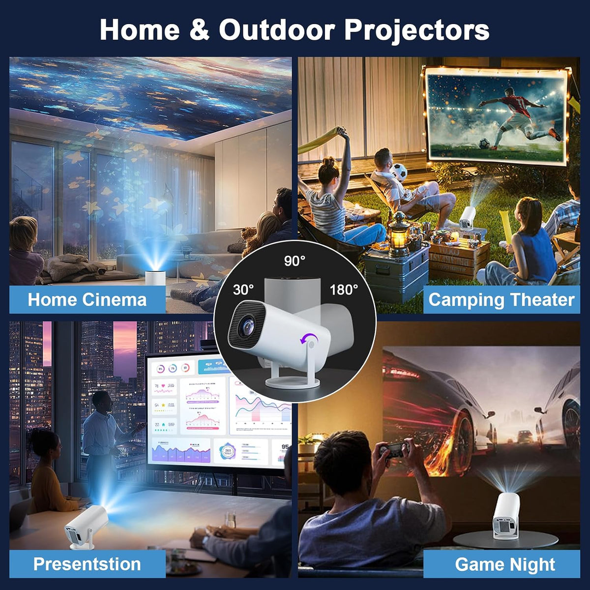 Mini videoprojecteur 4K Full HD 1080p, WiFi 6 et Bluetooth 5.4,Retroprojecteur avec Auto Keystone Rotation 180°, Compatibile avec HDMI/TV Stick/Laptop