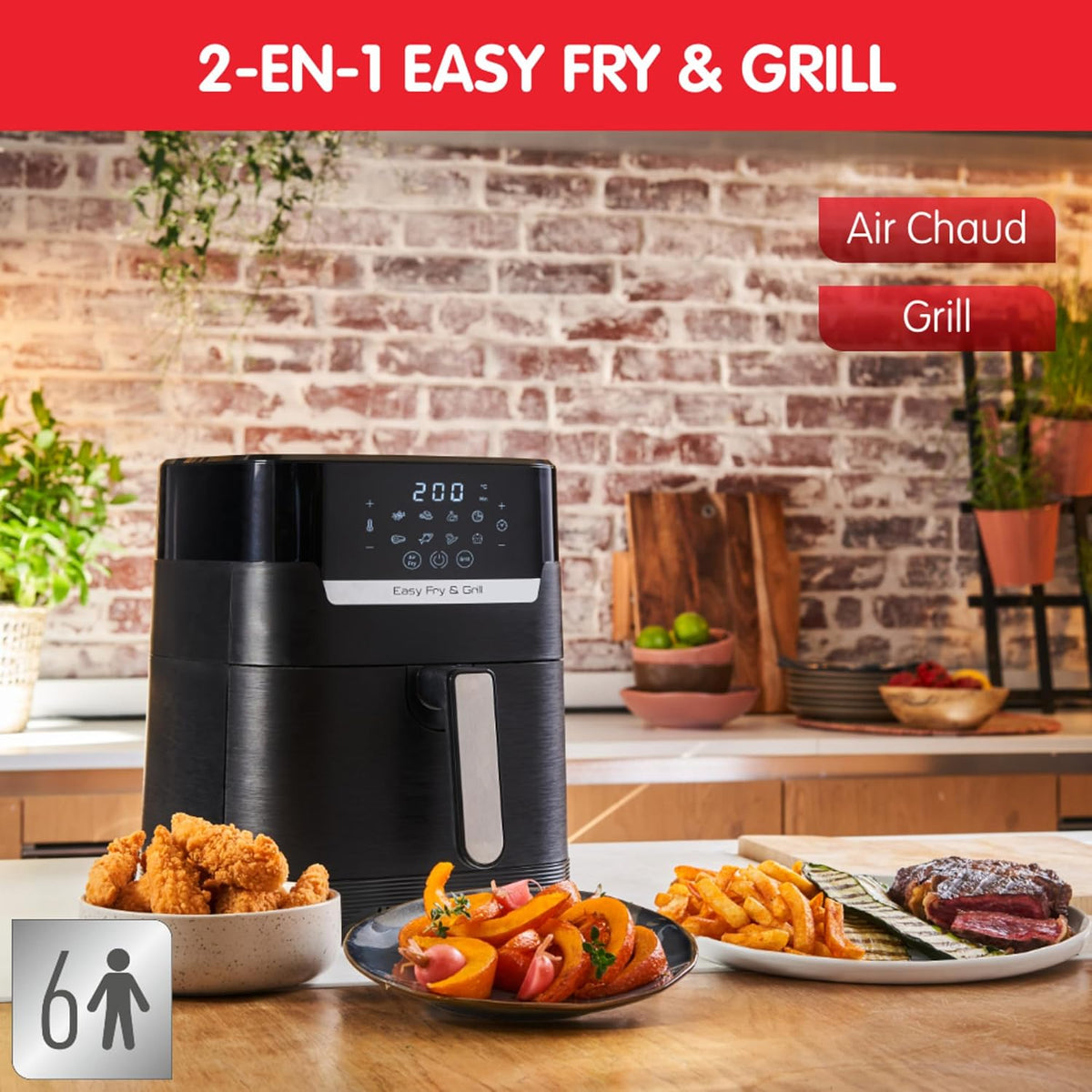 Moulinex Friteuse sans huile + Gril, Capacité XL 4,6L, Jusqu'à 6 personnes, 8 Programmes automatiques, Air Fryer, Ecran tactile digital, Température réglable, Easy Fry & Grill 2en1, EZ505810