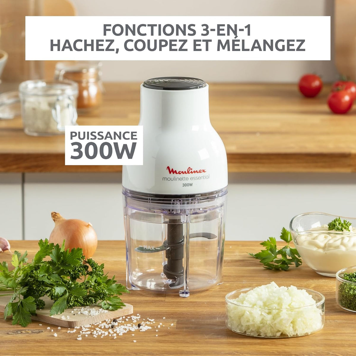 Moulinex Hachoir électrique, 400 ml, 300 W, 4 lames, Fonctions 3-en-1, Emince, Hache, Mixe, Système de pression simple, Moulinette Essential DJ520110, Blanc