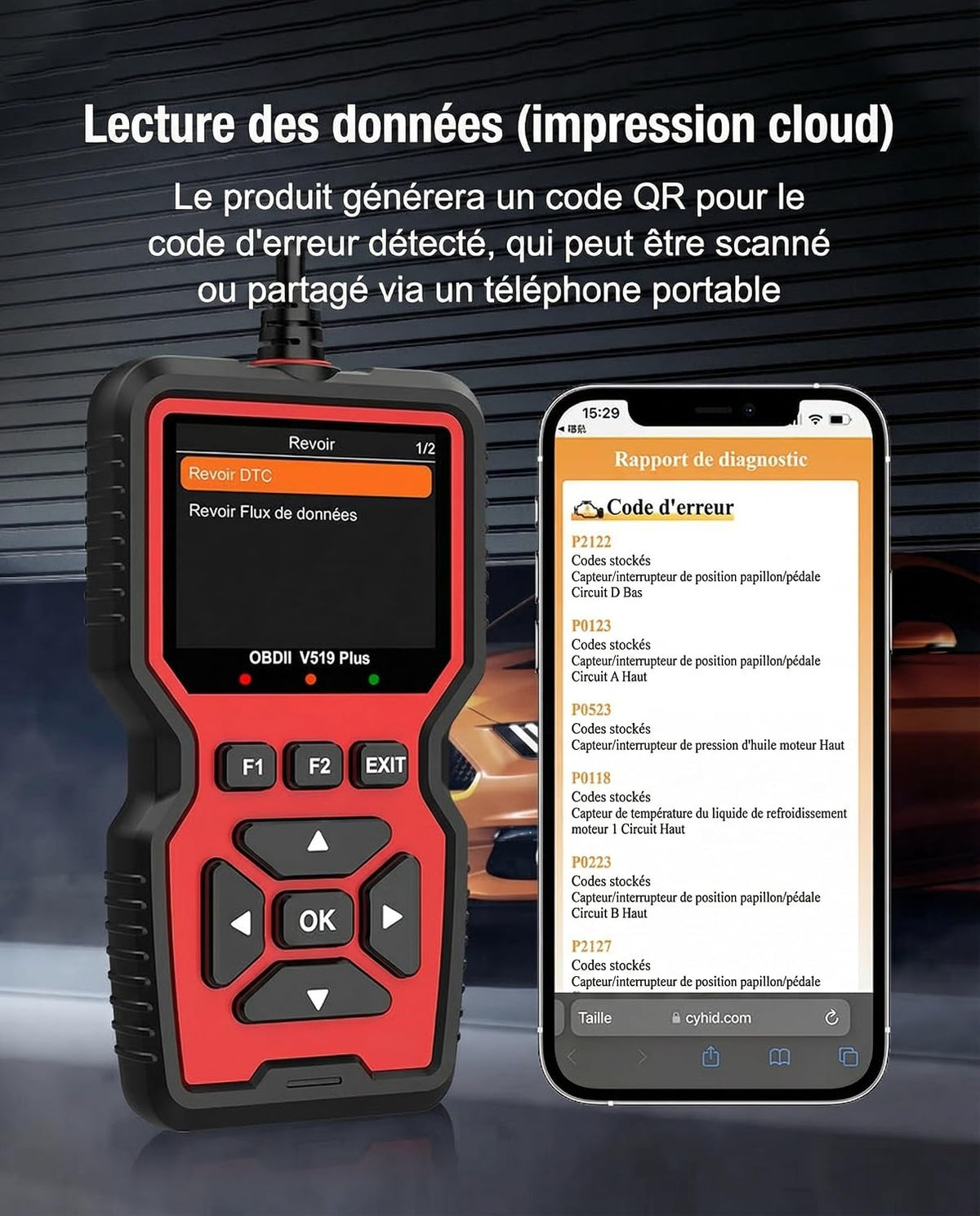 Valise Diagnostic Auto, OBD2 Diagnostic Voiture Multimarque Français, Vérification du Voyant Moteur/Test d'émissions polluantes/Test du capteur O2/EVAP