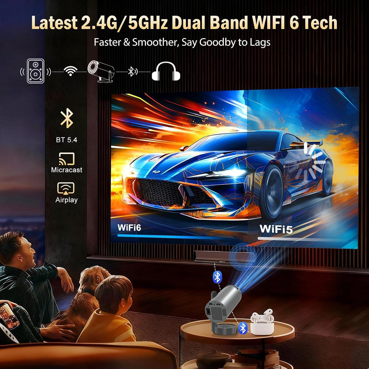 Vidéoprojecteur 4K avec WiFi 6 BT5.4, 270° Rotation, Correction Trapézoïdale, Base de Son, Compatibile avec HDMI/USB/PS5