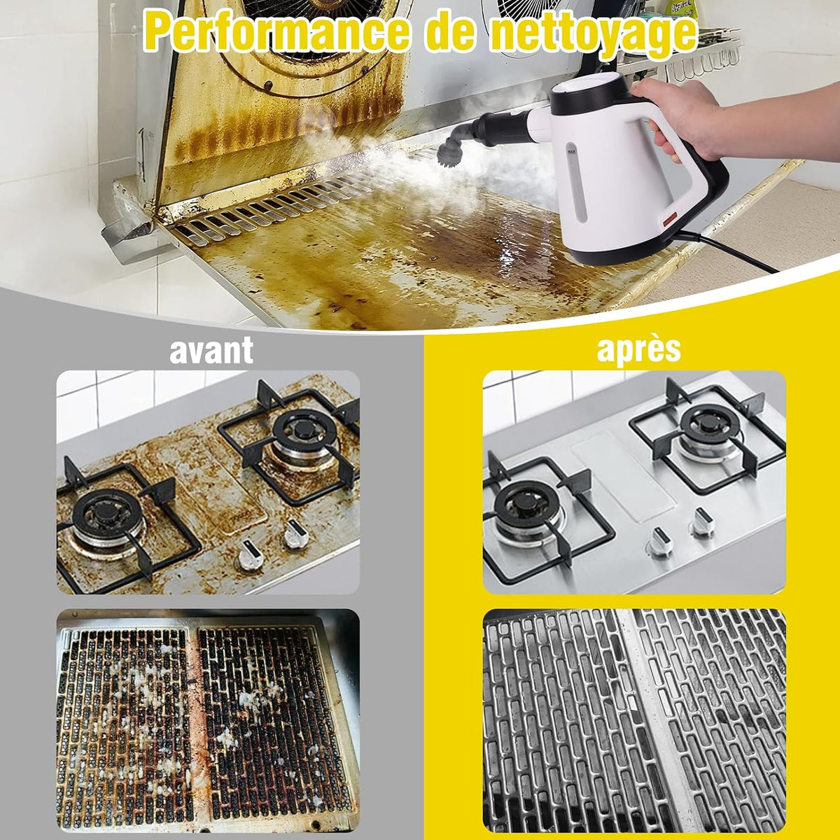 Fippesax 1200W Nettoyeur à vapeur portatif pressurisé 400ml, Chauffage instantané 15S avec 9pcs Accessoires