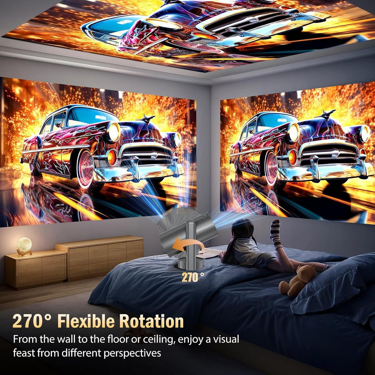 Vidéoprojecteur 4K avec WiFi 6 BT5.4, 270° Rotation, Correction Trapézoïdale, Base de Son, Compatibile avec HDMI/USB/PS5