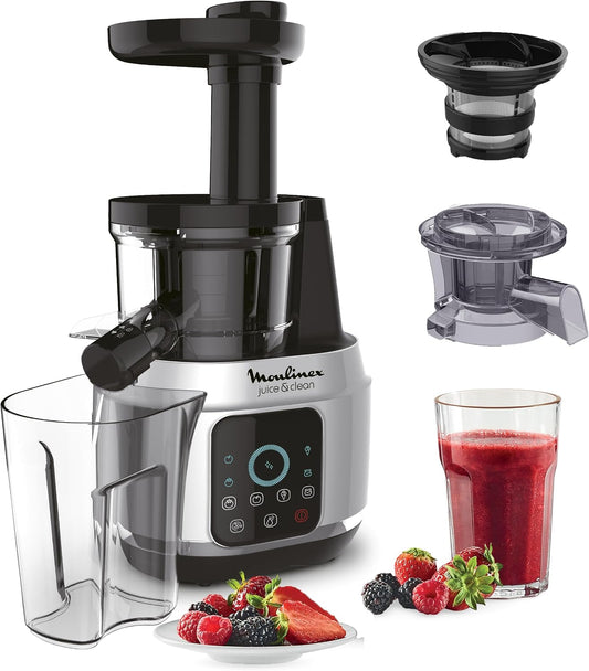 Moulinex - Extracteur de jus Juice & Clean - 150W - Gris | Pressoir à froid pour jus, sorbets et coulis - Technologie EasyClean automatique - 2 vitesses - Pichet 800 ml