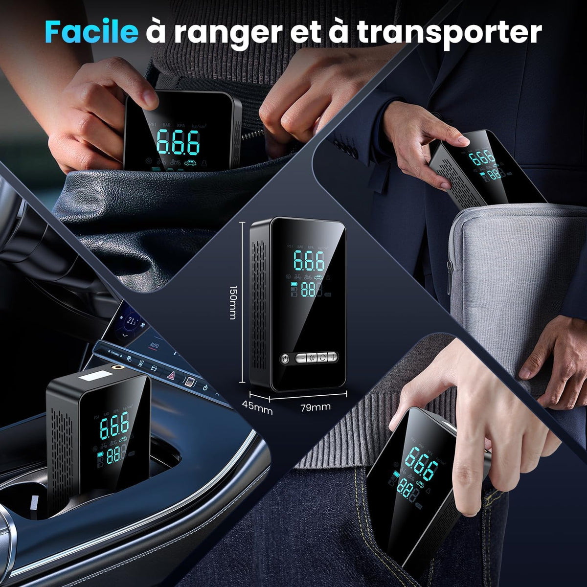 Gonfleur Pneus Voiture Sans Fil - Compresseur à Air Portatif 150 PSI, avec LED/Port C USB, Batterie Rechargeable, Inflation Rapide, Arrêt Automatique, Compresseur Voiture/Vélo/Moto