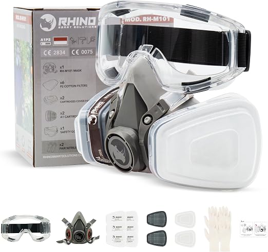 RHINO Smart Solutions Masque Peinture A1 Protection Respiratoire Réutilisable Anti Poussiere, Gaz, Chimique, Resine Epoxy, Travaux du Bricolage | Avec Filtres en Coton, Lunettes de Sécurité, Gants