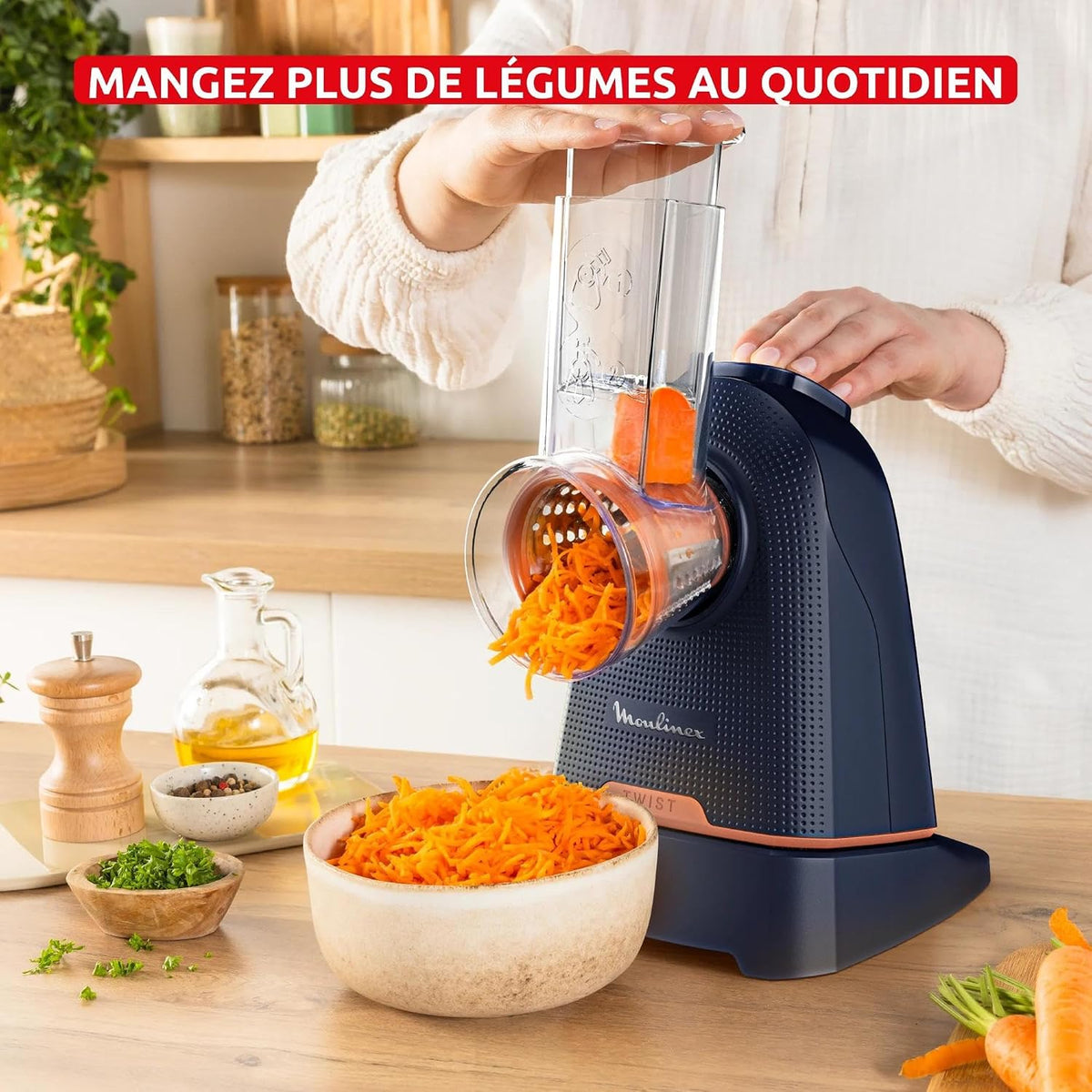 Moulinex Fresh Express Twist, Découpe-légumes, Service direct dans tous les récipients, 5 fonctions, Bleu, DK8654E0