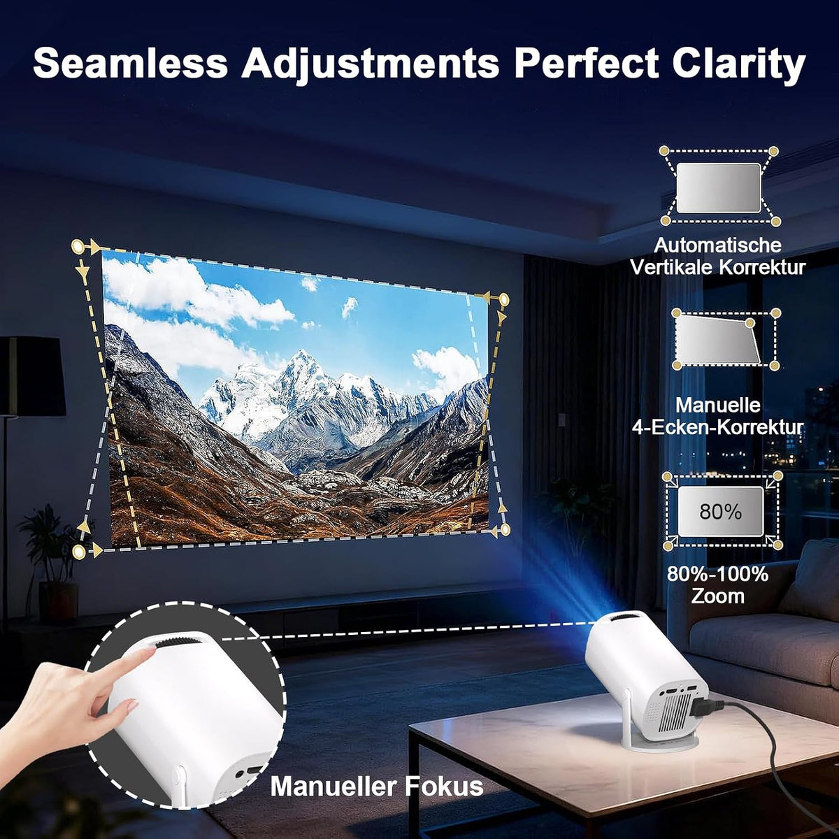 Mini videoprojecteur 4K Full HD 1080p, WiFi 6 et Bluetooth 5.4,Retroprojecteur avec Auto Keystone Rotation 180°, Compatibile avec HDMI/TV Stick/Laptop