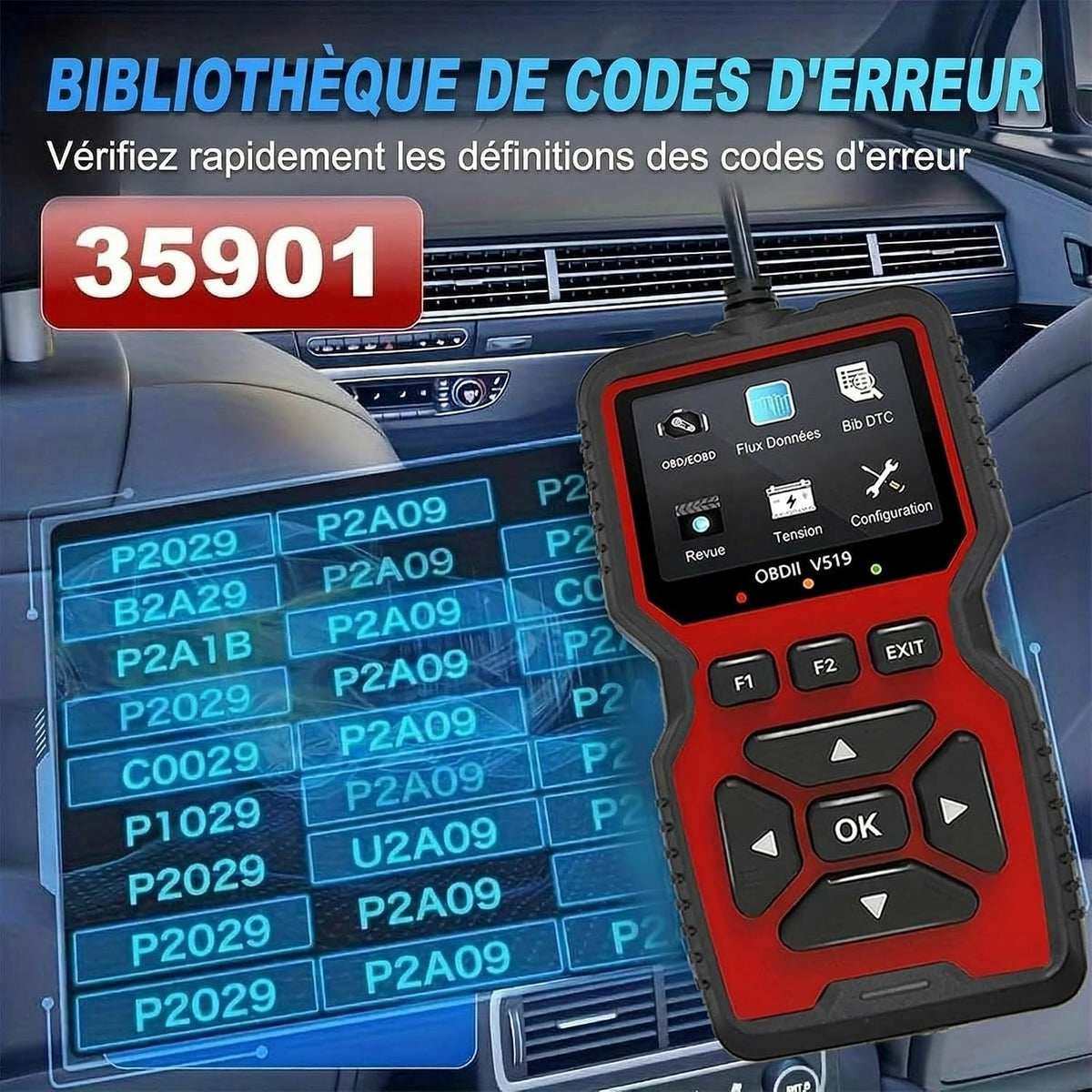 Valise Diagnostic Auto, OBD2 Diagnostic Voiture Multimarque Français, Vérification du Voyant Moteur/Test d'émissions polluantes/Test du capteur O2/EVAP