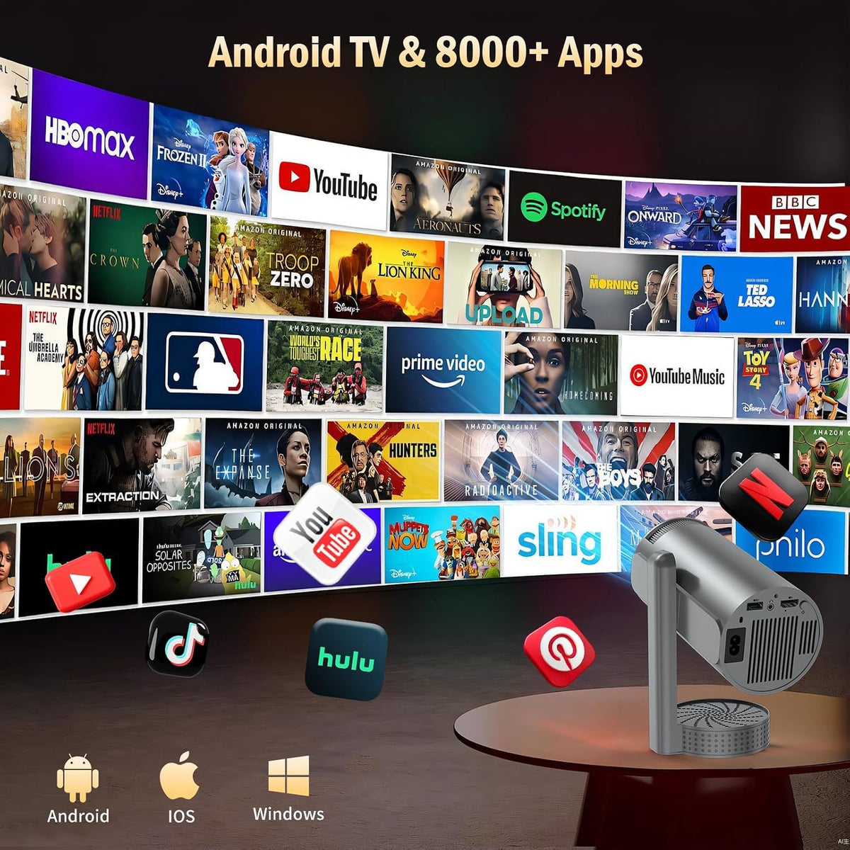 Vidéoprojecteur 4K avec WiFi 6 BT5.4, 270° Rotation, Correction Trapézoïdale, Base de Son, Compatibile avec HDMI/USB/PS5