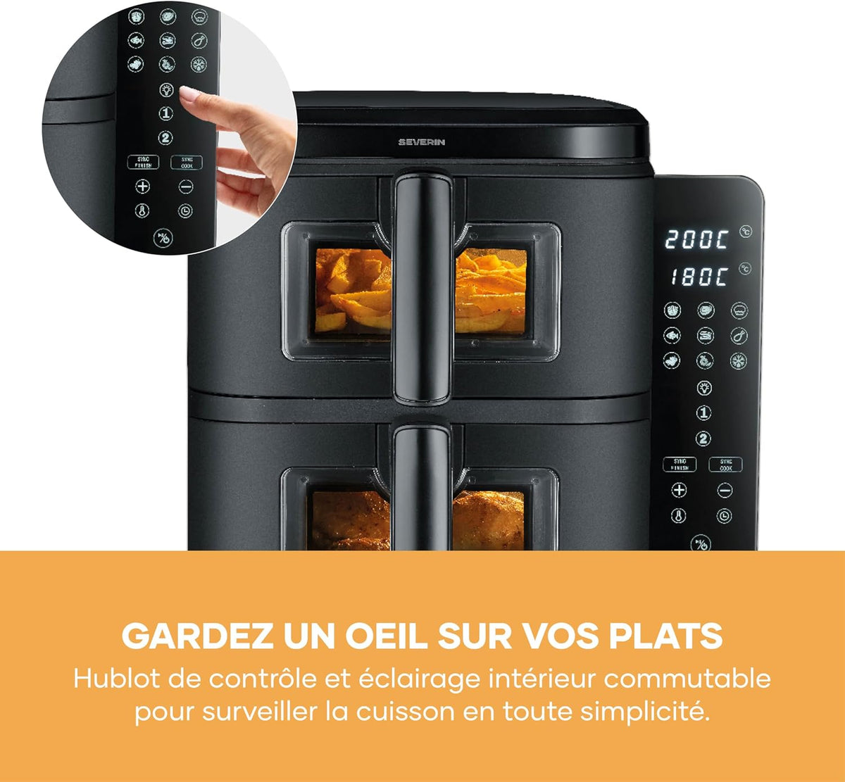 SEVERIN Friteuse à air chaud S-Fry Duo Stack, Air fryer 9 programmes, Friteuse sans huile avec 2 paniers empilés de 5,5 L chacun sans PFAS, Multicuiseur à écran tactile, Noir, FR 9598