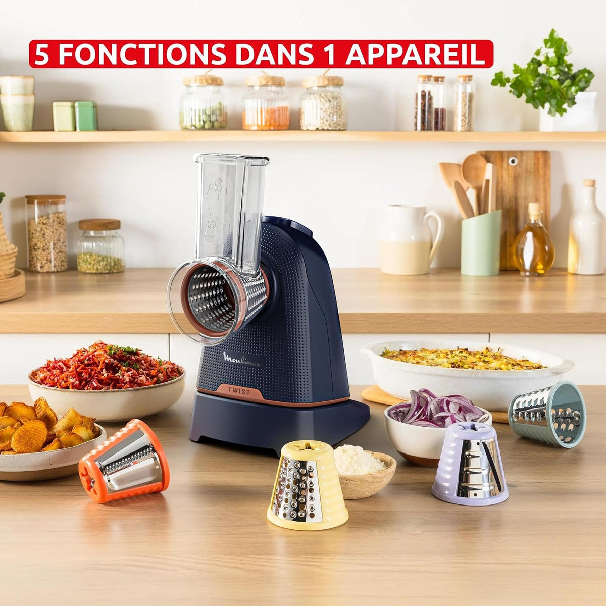 Moulinex Fresh Express Twist, Découpe-légumes, Service direct dans tous les récipients, 5 fonctions, Bleu, DK8654E0