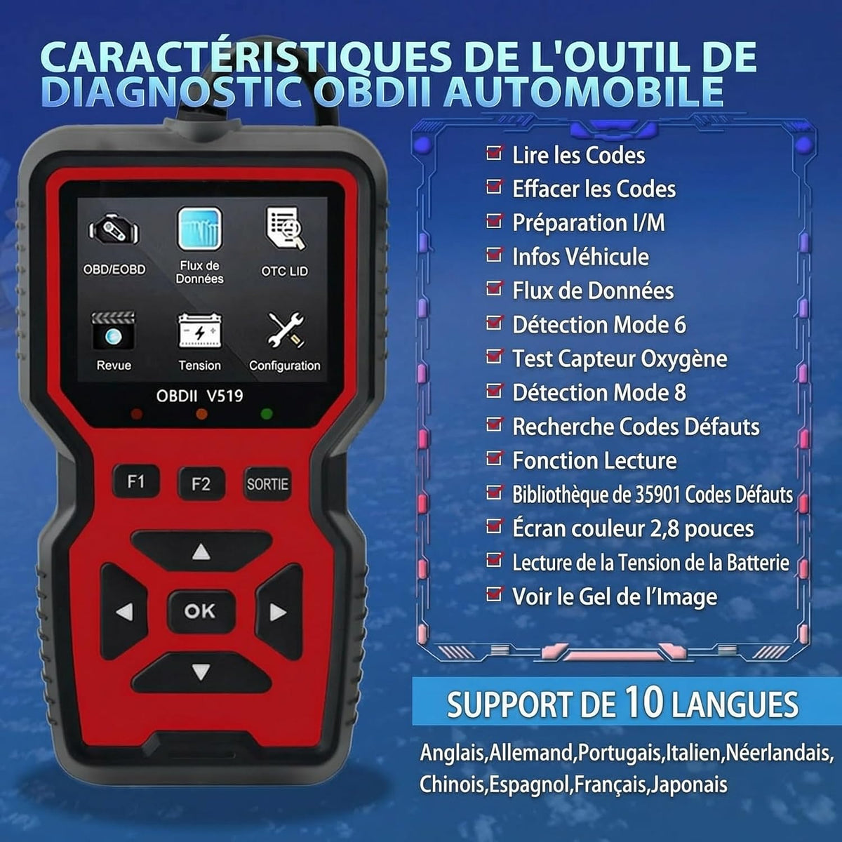 Valise Diagnostic Auto, OBD2 Diagnostic Voiture Multimarque Français, Vérification du Voyant Moteur/Test d'émissions polluantes/Test du capteur O2/EVAP