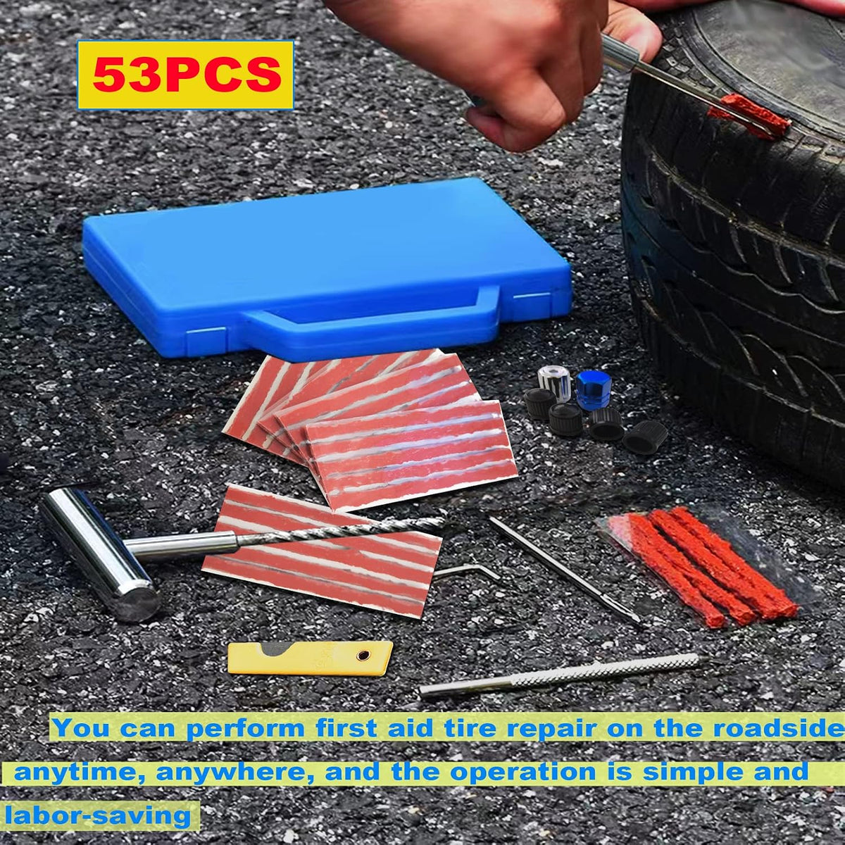 53PCS Kit de Réparation de Pneus, Kit Reparation Pneu Portables Voiture, Kit Meche Pneu Voiture, Kit Crevaison Voiture, Kit Reparation Pneu pour Auto, Motos, VTT, Tracteurs, SUV, Jeep