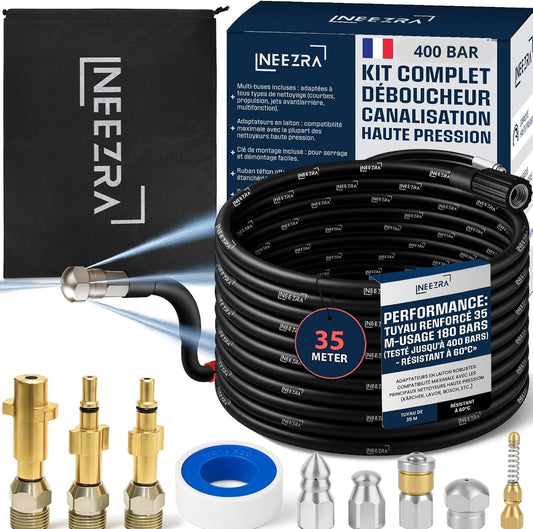 Kit Complet 10-en-1 Déboucheur de Canalisation Haute Pression – Tuyau 35 m Extra-Long Renforcé – 5 Buses + 3 Adaptateurs Laiton – Compatible Kärcher