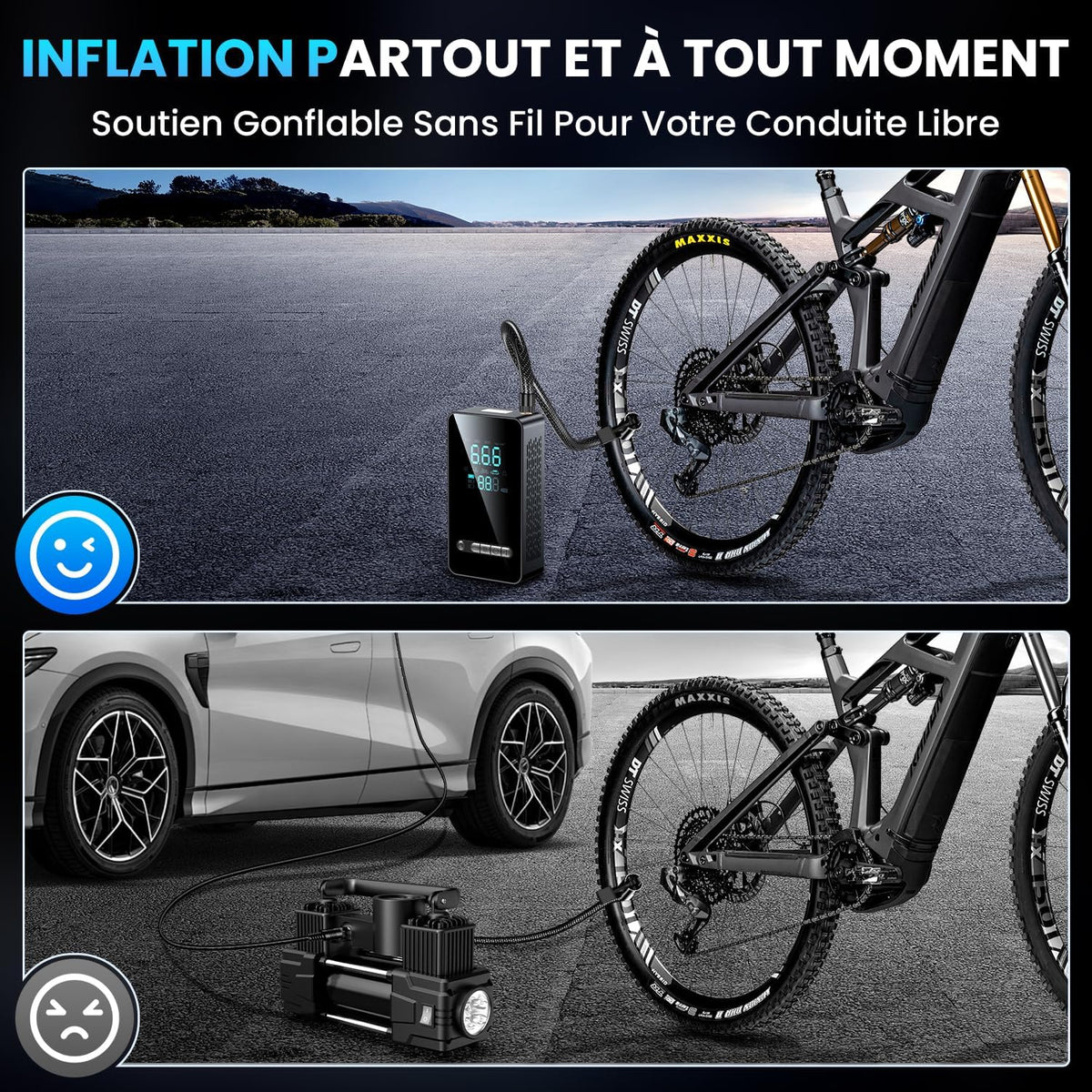Gonfleur Pneus Voiture Sans Fil - Compresseur à Air Portatif 150 PSI, avec LED/Port C USB, Batterie Rechargeable, Inflation Rapide, Arrêt Automatique, Compresseur Voiture/Vélo/Moto