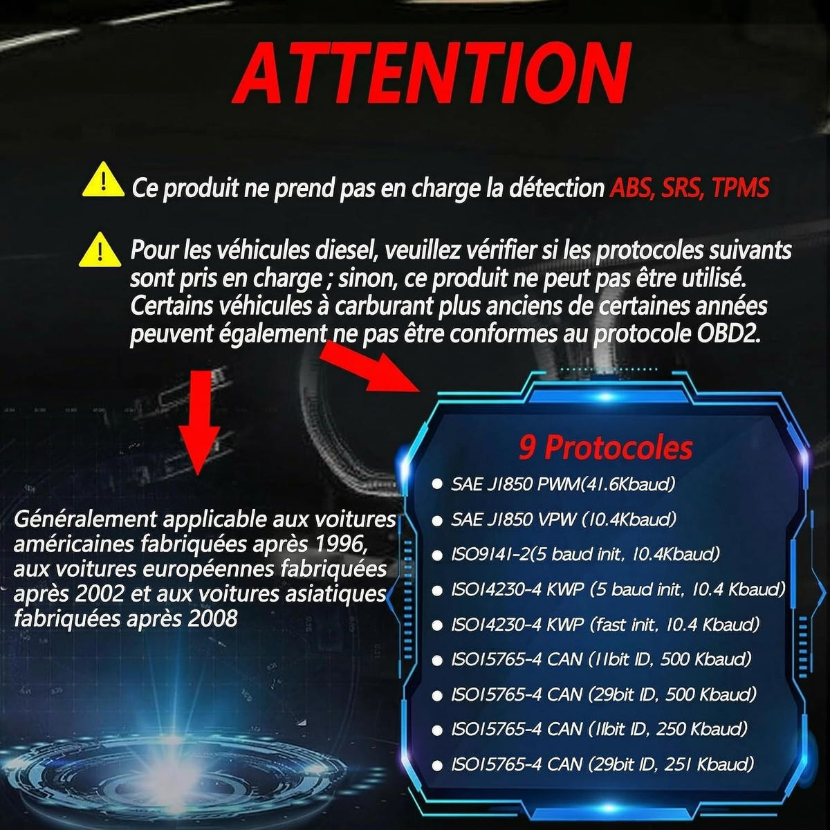 Valise Diagnostic Auto, OBD2 Diagnostic Voiture Multimarque Français, Vérification du Voyant Moteur/Test d'émissions polluantes/Test du capteur O2/EVAP