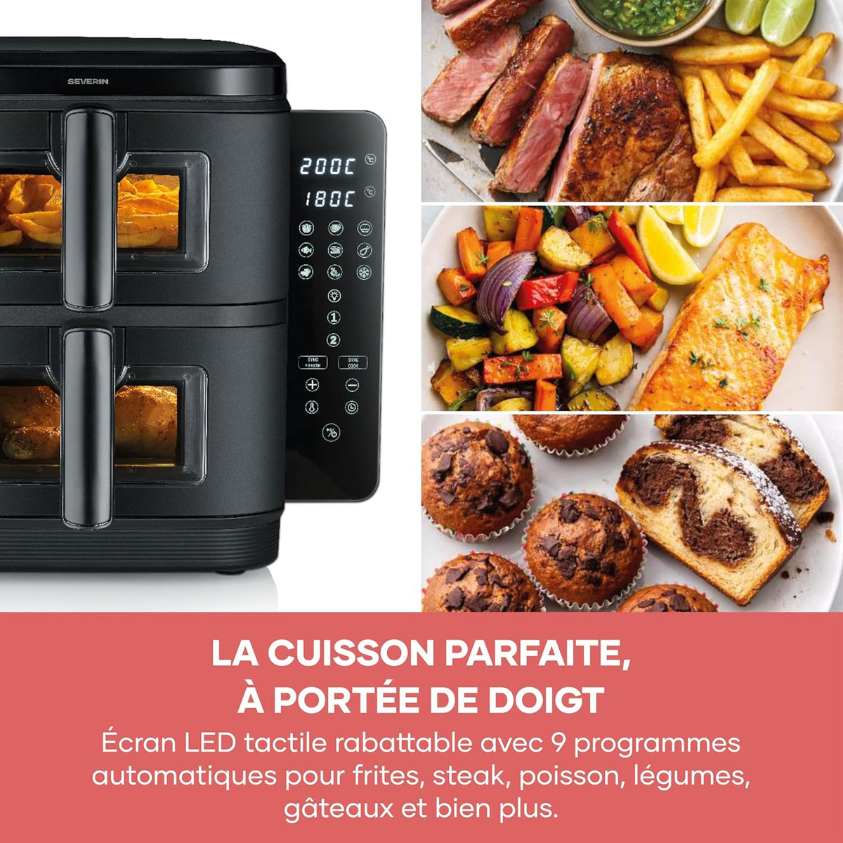 SEVERIN Friteuse à air chaud S-Fry Duo Stack, Air fryer 9 programmes, Friteuse sans huile avec 2 paniers empilés de 5,5 L chacun sans PFAS, Multicuiseur à écran tactile, Noir, FR 9598