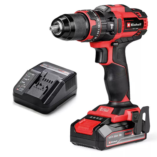 Einhell Perceuse Visseuse à percussion sans fil TE-CD 18/44 Li-i (1x2,5Ah) Power X-Change (18 V, 2 vitesses, Couple : 44 Nm, 21 positions) Livré avec Batterie 2,5 Ah et Chargeur