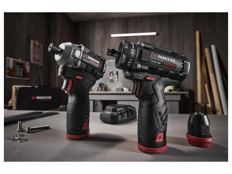 Set perceuse-visseuse et visseuse à chocs sans fil + 2 batteries + chargeur, 12 V