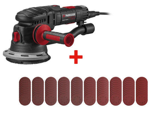 Ponceuse excentrique + Set de papier abrasif 100 pièces